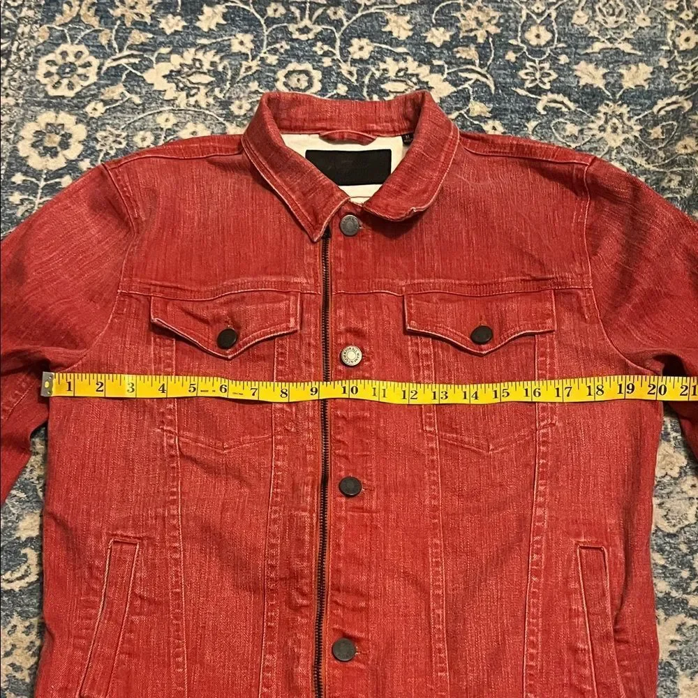 7 For All Mankind Red Distressed Denim Button Zip Closure Pockets Jacket Modern